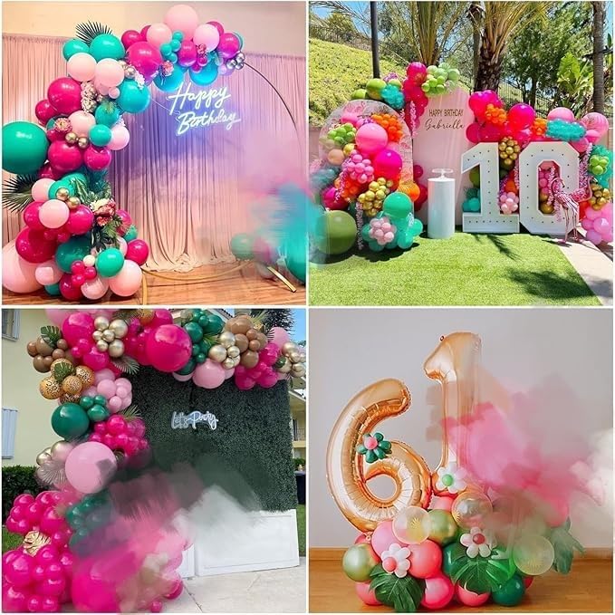 Pink Flamingo Balloons Garland Arch Kit Tropical Balloons with Olive Green Pastel Pink Red Chrome Green Hot Pink Latex Balloon for Summer Beach Hawaii Party Birthday Luau Aloha Decoration