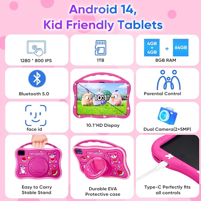 Kids Tablet, Android 10.1 inch Tablet for Kids 3-10, Educational Learning Toddler Tablet Android 14, 8（4+4） GB RAM+64GB ROM Storage, 5G WiFi, Baby Girl boy Present (Red)