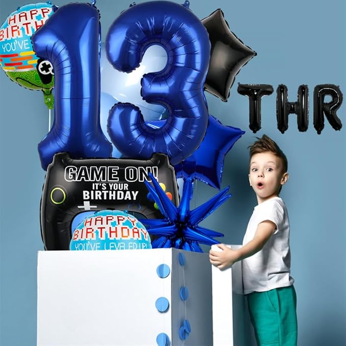 17pcs Video Game Themed Party Decorations, Number 13th Boys Birthday Party Supplies, Navy Blue Video Game Controller Mylar Foil Balloon, Video Game Party Decoration Supplies