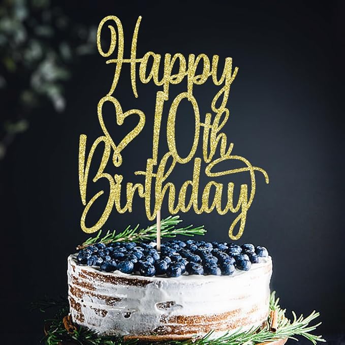 Gold Glitter Happy 10th Birthday Cake Topper - Cheers to 10 Years Cake Topper, 10 & Fabulous Cake Decoration for Hello 10th Birthday Anniversary Party Cake Decorations Supplies