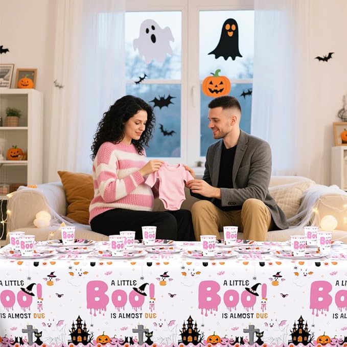 194Pcs Halloween Baby Shower Decorations for Girl A Little Boo is Almost Due Baby Shower Party Plates, Cup, Napkin, Tablecloth, Tableware, Halloween Themed Party Supplies Plates Serve 24 Guests