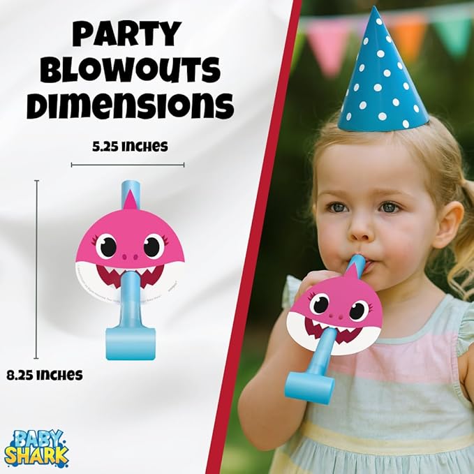 Unique Baby Shark - Party Hats, Blowouts & Sticker Bundle | Officially Licensed | 8 Hats, 8 Blowouts & 1 Sticker Sheet | Birthday Party Supplies Set | Baby Shark Decorations & Favors for Boys & Girls