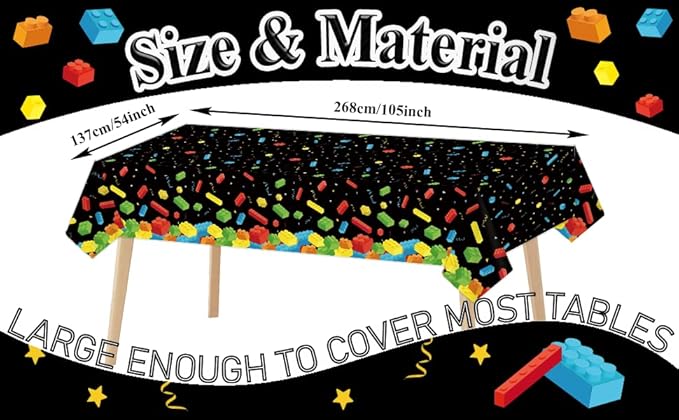 chiazllta 3 Pcs Building Blocks Tablecloth 105 x 54 inches - Building Blocks Theme Party Decorations Disposable Plastic Table Cover for Children Kids Birthday Party Decor Supplies Favors (Black)
