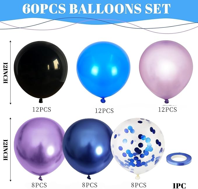 Black Purple Blue Balloon, 60 PCS Outer Space Balloons, 12Inch Metallic Navy Blue Purple Black Balloon Pearl Purple Blue Confetti Latex Balloons for Kids Boys Astronaut Space Birthday Party Decoration