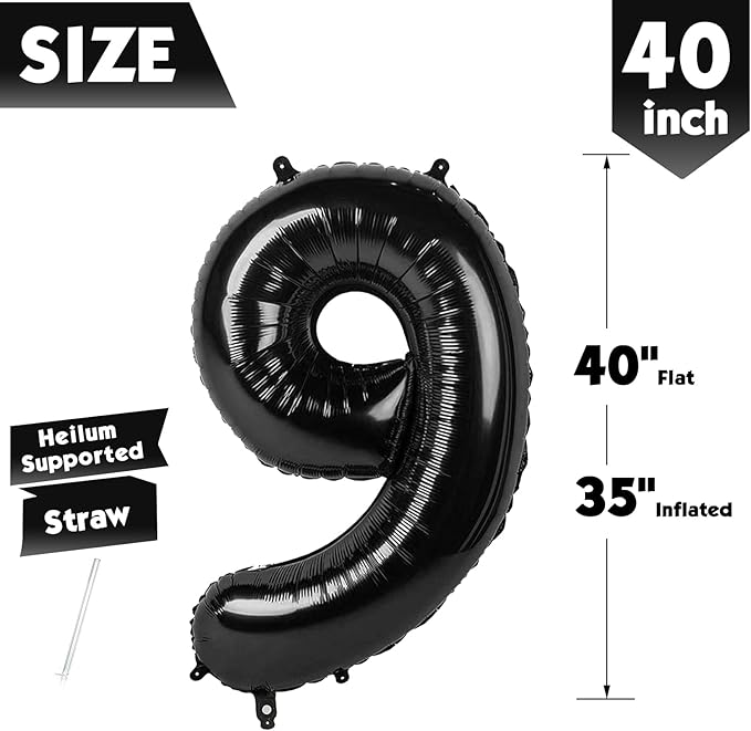 40 Inch Black Number 9 Balloon, Giant 9 Number Balloons for 9th Birthday Decorations, Party Supplies for Baby Boy Girl, Black Party Decor