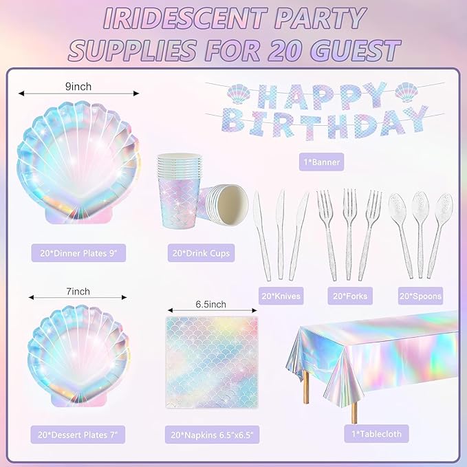 Summer Mermaid Party Supplies for Girls Baby Shower Birthday Party Under the Sea Themed Decor Iridescent Shell Plates Napkins Cups Knives Forks Tablecloths Banners Serves 20 Guests 122PCS
