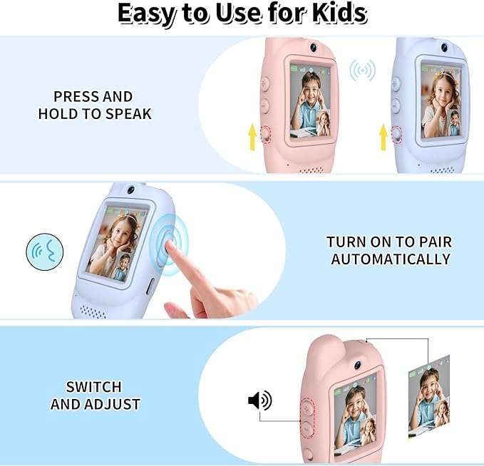 Video Walkie Talkies for Kids, Handheld 2 Pack Rechargeable Kids Video walkie talkies,Long Range Ideal for Family Games, Outside, Camping, Hiking (Pink & Blue A)