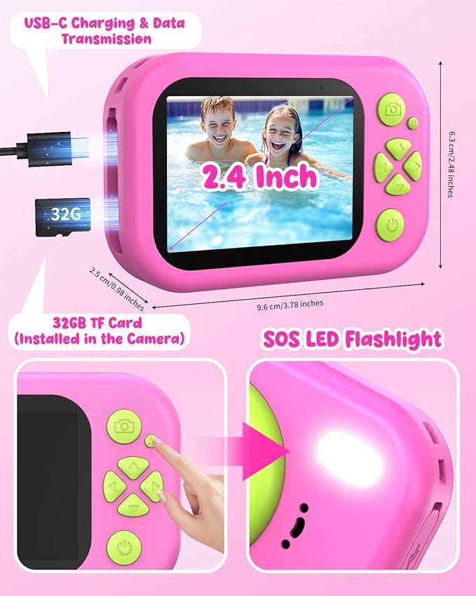 Waterproof Kids Camera, Underwater Camera for Kids 1080P Digital Video Camcorder with 2.4” Display, 32GB TF Card, Emergency LED Flash, Diving Swimming Beach Pool Toys for 3-12 Years Old Girls, Pink