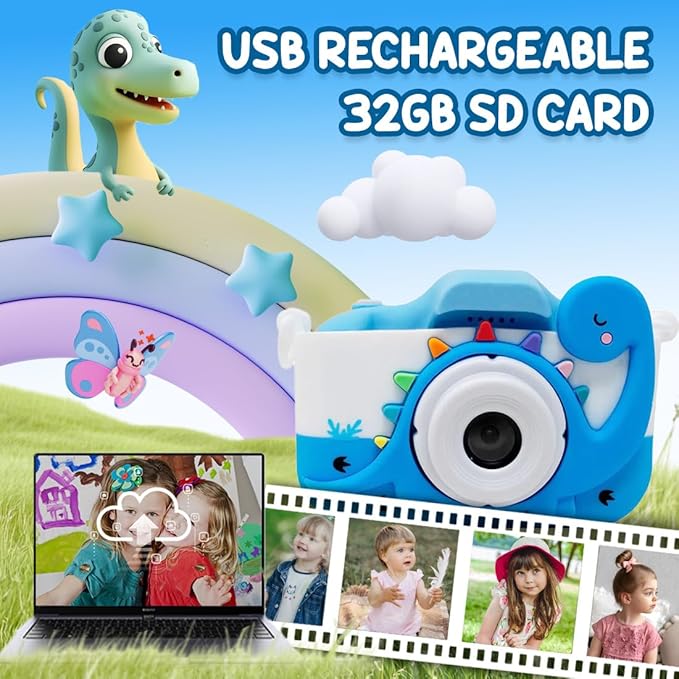 Wembley Kids Camera for Boys & Girls 3–8 Years | Digital Camera for Kids 1080P Selfie Video | Toddler Camera Rechargeable with Games | 32GB Card | Silicone Cover | Dinosaur Birthday Gift - Blue