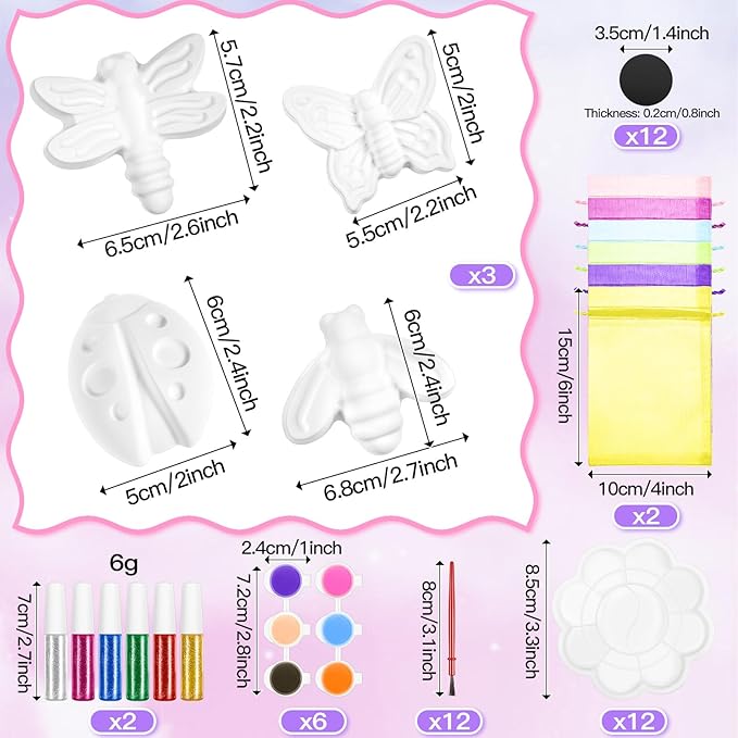 60 Pcs Plaster Painting Fairy Art Party Favors for Kids DIY Statues Craft Butterfly Insect Activities Birthday Supplies with Magnet Brushes Palette Organza Bag Gifts