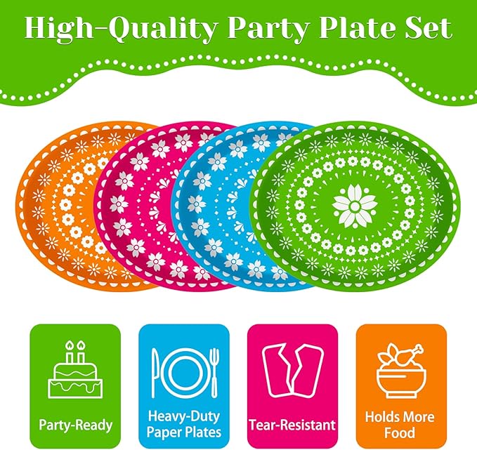 50 Count Fiesta Party Oval Paper Plates, Mexican Cinco De Mayo Large 11in Platters Tableware Supplies Disposable Dinner Plates for Mexican Taco Carnival Papel Picado Party Dinnerware Table Decorations