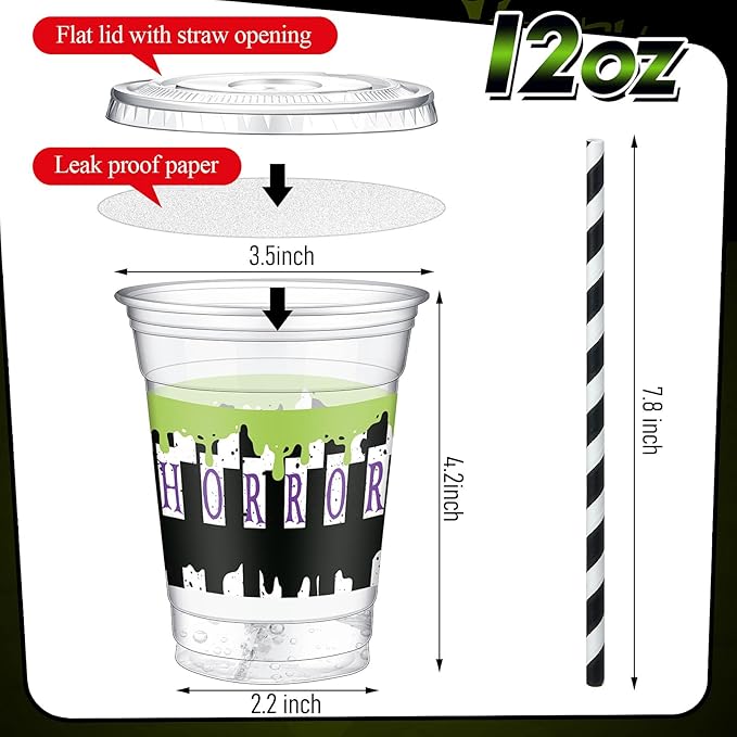 Domensi 50 Pcs Halloween Black and White Juice Classic Horror Party Plastic Cup 12 oz Scary Disposable Plastic Cups with Lids and Straws Thick Clear Horror Movie Party Table Decoration Supplies