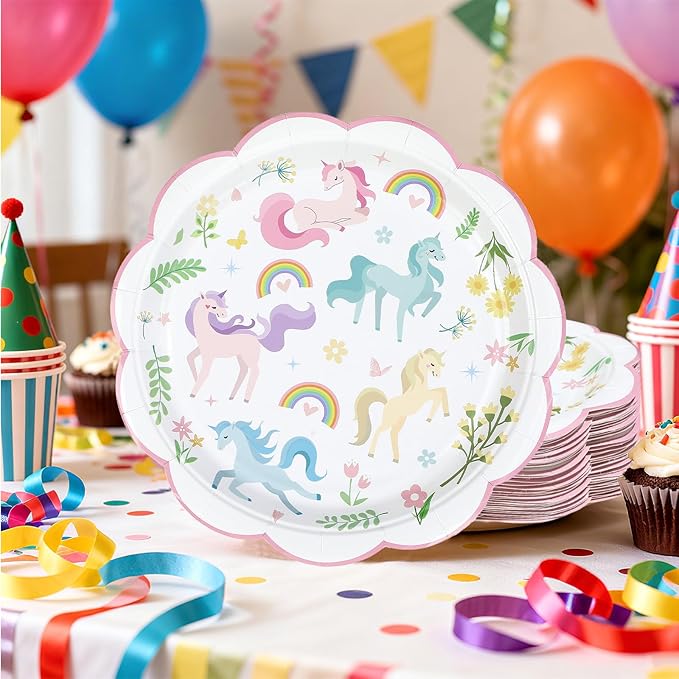 50Pcs Magical Pastel Unicorn Birthday Paper Plates 9 Inch Heavy Duty Pastel Rainbow Disposable Dessert Plates Pink Unicorn Party Decorations for Girls' Birthday Baby Shower Party Supplies
