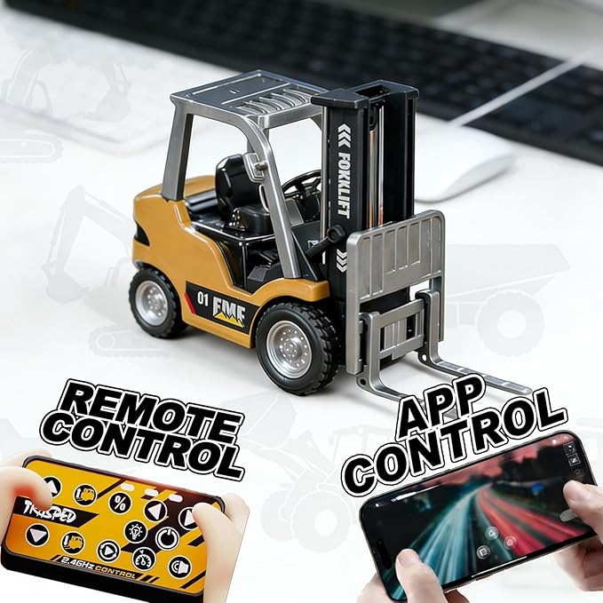 1/64 Scale RC Forklift Crane, 2.4GHz Metal RC Truck, 2-in-1 Construction Vehicle with Hook & Metal Forks, Dual Speed, APP Control, Construction Vehicle Hobby Toy for Adults and Kids