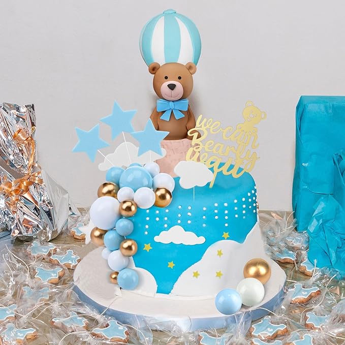 Yinder 37 Pcs Bear Cake Decoration Toppers for Baby Shower Decorations with Balls We Can Bearly Wait Happy Birthday Mini Bear Figurine Cake Party Birthday Supplies (Cute)