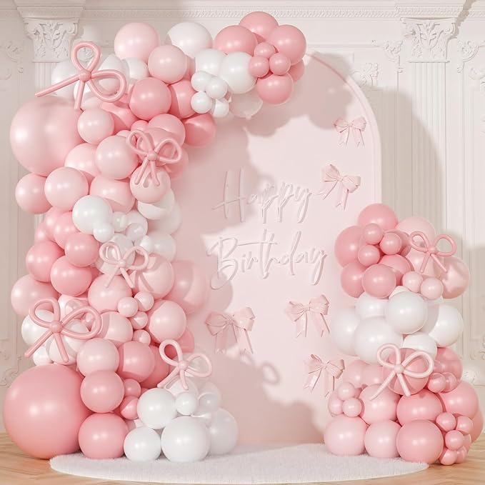 Coquette Birthday Decorations 145 Pcs Pink and White Balloon Garland Arch Kit Include Light Pink White Bow Balloons Different Size for Baby Shower Gender Reavel Wedding Party Decorations