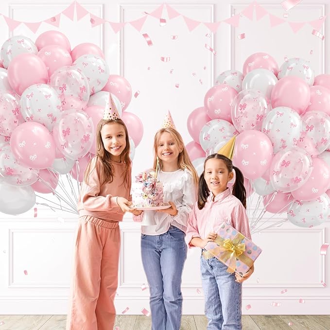 60pcs Pink Bow Balloons 12inch with Pink White Clear Bow Balloons for Pink Coquette Wedding Baby Shower Birthday Party Decorations