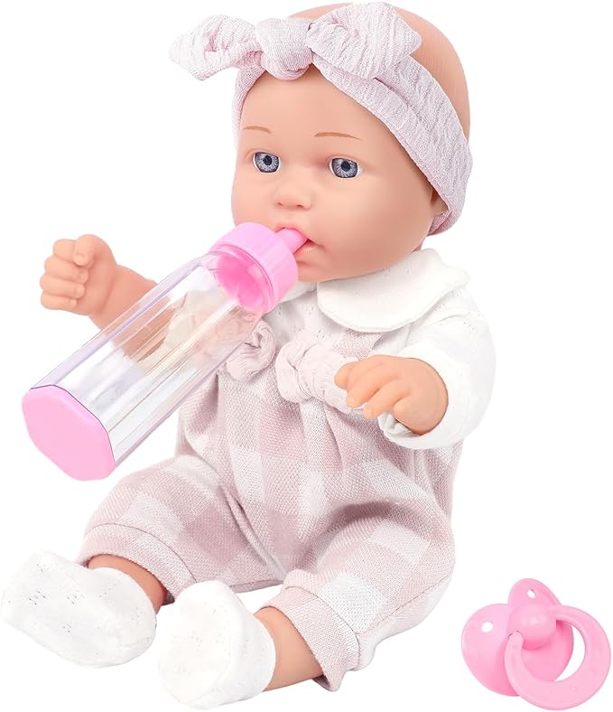 Ecore Fun 12" Baby Doll and Clothes Accessories Playset - 6 Pcs 12 Inch Doll with Pink Romper Outfit, Headband, Socks, Pacifier, Bottle | Gift Ready in Box