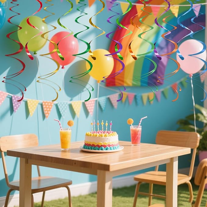 Colorful Ceiling Swirl Foil Decorations Hanging Plastic Streamer Themed Swirl Party Decoration for Wedding Thanksgiving Day Graduation Celebration, Pack of 28 (Rainbow)