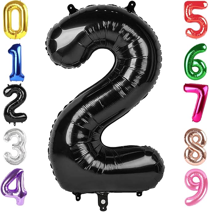 40 Inch Black Number 2 Balloon, Giant 2 Number Balloons for 2nd Birthday Decorations, Party Supplies for Baby Boy Girl, Black Party Decor
