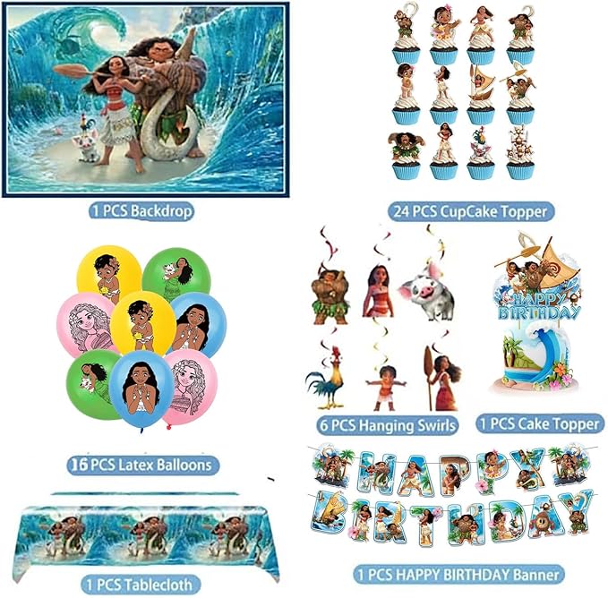 50Pcs Moana Birthday Party Supplies, Birthday Party Decorations Set Include Banner, Backdrop, Balloons, Hanging Swirls, Cake Cupcake Toppers, Tablecloth for Moana Party Decorations