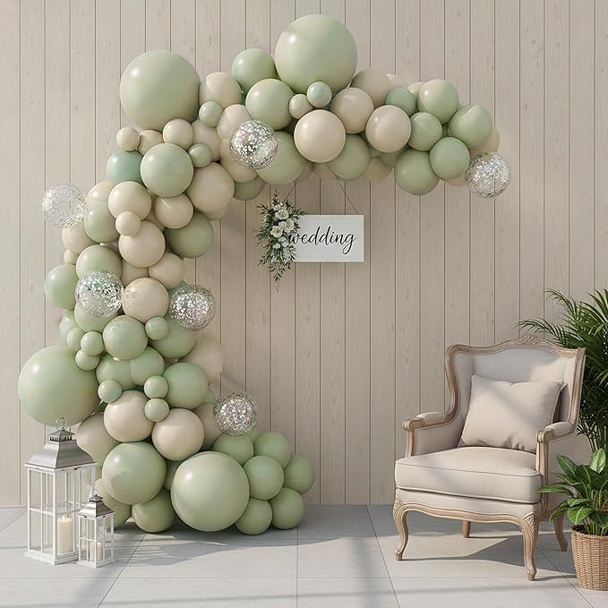 RUBFAC Dusty Green Balloons 129pcs Different Sizes Pack of 18 12 10 5 Inch, Latex Boho Sage Green Balloon Garland Arch Kit for Wedding Dinosaur Jungle Safari Birthday Party Decorations