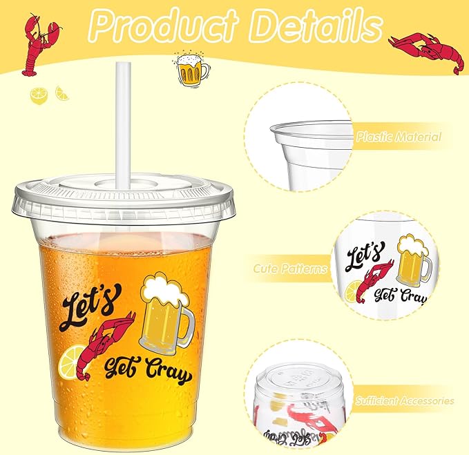 60 Pcs Crawfish Boil Cups Bulk 12 oz Lobster Plastic Cups with Straw Let's Get Cray Disposable Clear Crawfish Drinking for Crayfish Crab Seafood Boil Party Decoration Supplies