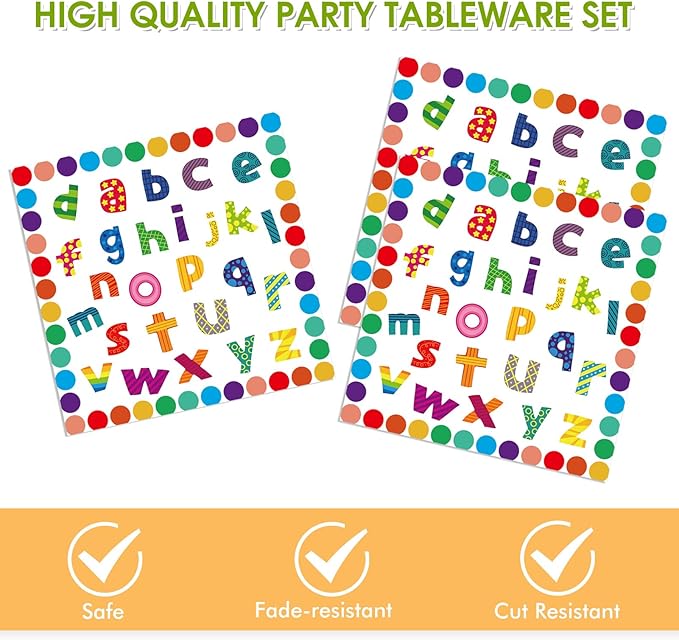 40PCS Alphabet Number Party Supplies Rainbow Alphabet Disposable Party Decor Included Alphabet Plates Napkins Back to School Decorations for Baby Shower Kids Birthday Alphabet Number Games