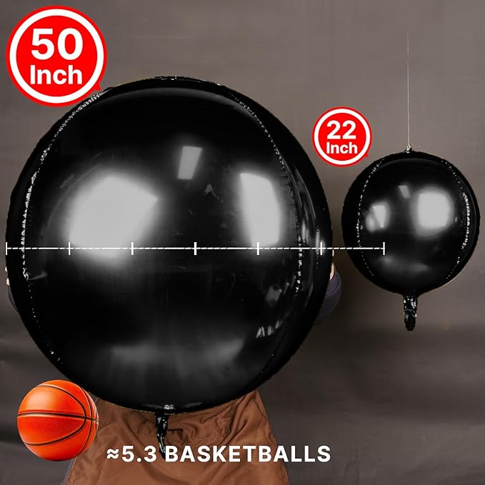 PartyWoo Black Foil Balloons 3pcs 50 Inch Large Round Foil Big Giant 4D Jumbo Inflatable Mirror Ball Mylar Balloons for Halloween Graduation Birthday Retirement Anniversary Party Decorations