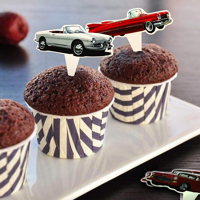 Classic Cars 24 pcs Cupcake Toppers, 1950's Convertible Vintage Car Theme Party Supplies Favors,Cake Picks For Birthday Anniversary Wedding Engagement Party Decorations