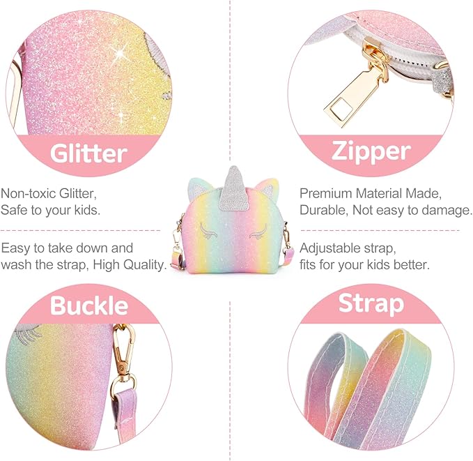 JYPS 7PCS Toddler Purse for Girl, Girls Wallet with Pretend Play Toys, Princess Toys with Kids Dress Up Jewelry Set (Rainbow Unicorn)