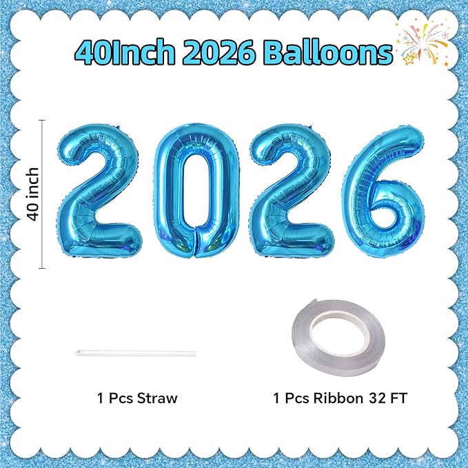 KALOR 42 Inch 2026 Blue Foil Mylar Number Balloons, 2026 New Years Decorations for 2026 Happy New Year Eve and Graduations Party Supplies