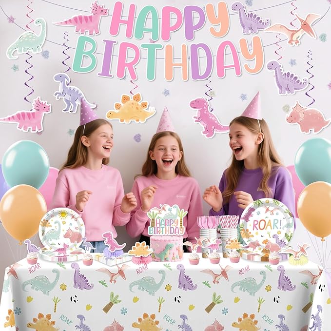 Pastel Dinosaur Birthday Decorations Girl, Dinosaur Birthday Banner, Cupcake Toppers, Disposable Table Cloth, Plates and Napkins Serve 50 Guests, Pink Watercolor Cute Girls Dino Theme Party Supplies