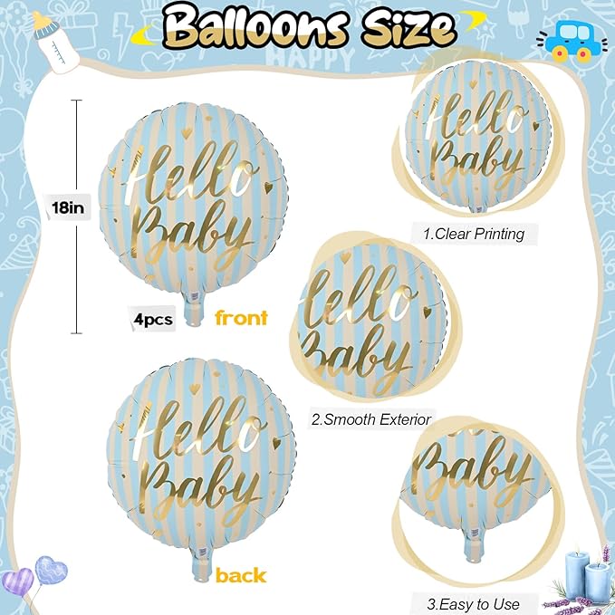 18" Hello Baby Foil Balloons for Welcome Baby Party Decorations, 4pcs Light Blue Cream Gold Mylar Balloons, baby Blue Beige Gold Balloon for Newborn Gender Neutral baby Shower Sip and See Party Decor