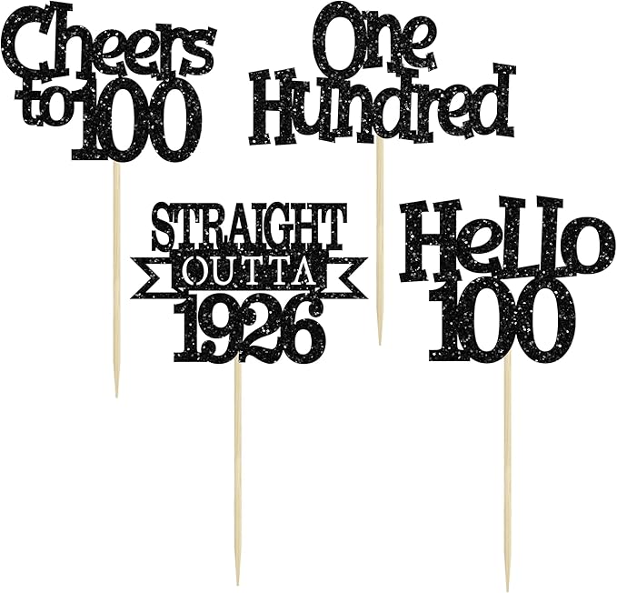 Ephlyn 24Pcs Happy 100th Birthday Cupcake Toppers Glitter Straight Outta 1925 Cupcake Picks Hello 100 Cheers to 100 Years Birthday Cake Decorations for 100th Birthday Anniversary Party Supplies Black