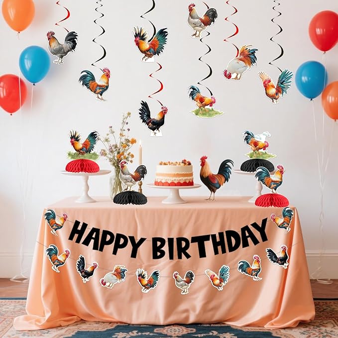 JOYMEMO Rooster Birthday Party Decorations for Boys Girls, Rooster Happy Birthday Banner, Chicken Hanging Swirls, Honeycomb Centerpieces, Farm Animal Chick Barnyard Theme Party Supplies