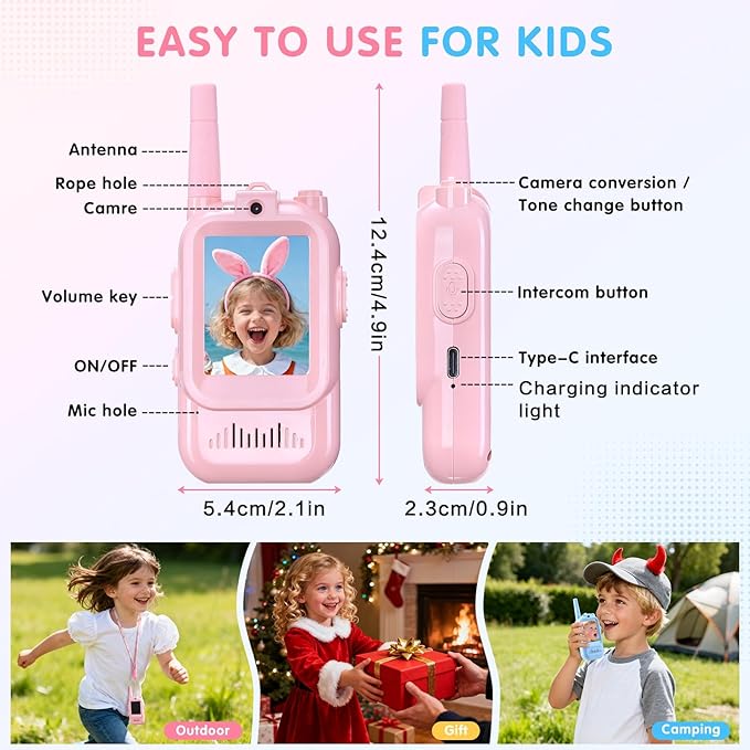 Video walkie-Talkie, 2 Sets of Rechargeable walkie-talkies, Voice Converter, 1000 feet Communication Range, Indoor Entertainment, Camping, Traveling, Birthday Gift (Blue/Pink)