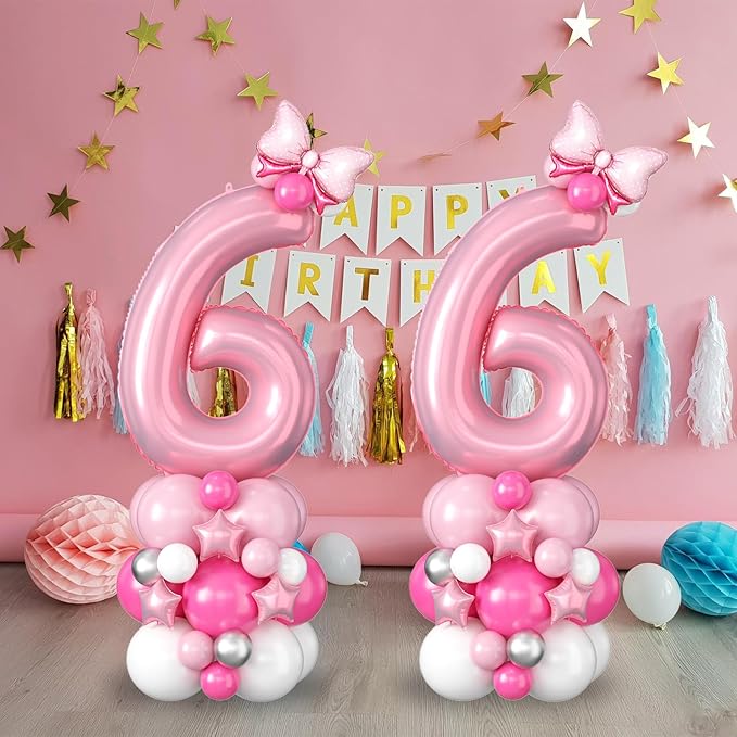 40 Inch Pink Number 6 Balloon for 6th Birthday Decorations Pastel Baby Pink Number Six Foil Balloon Tower Giant Large Digit Hot Pink White Helium Balloons Stack Stand for Girls Anniversary Party