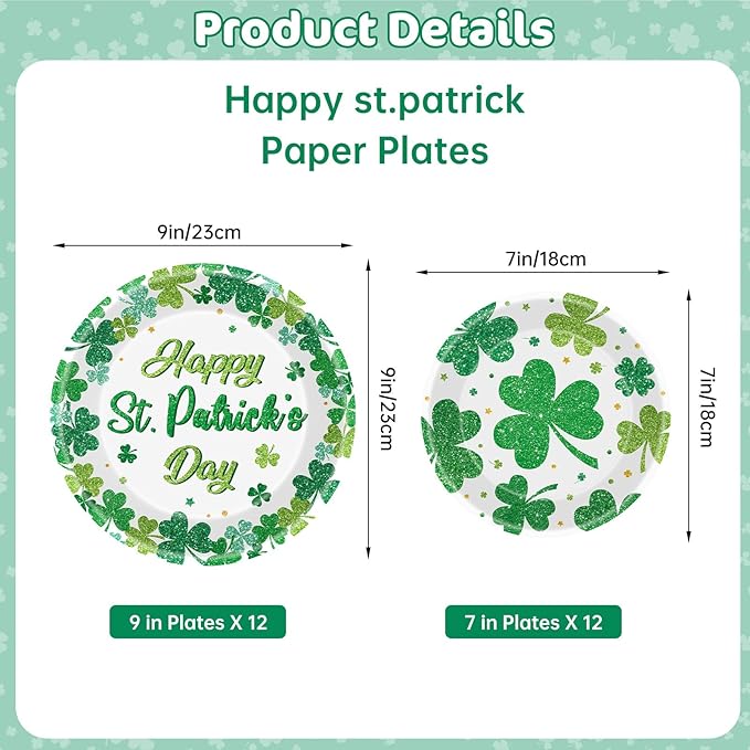 24 Pcs Happy St Patricks Day Plates Set - Disposable Green Shamrock Paper Plate, Irish Round Dinner Dessert Plate Dinnerware Kit for St Patrick's Day Party Decorations Supplies Table Decor