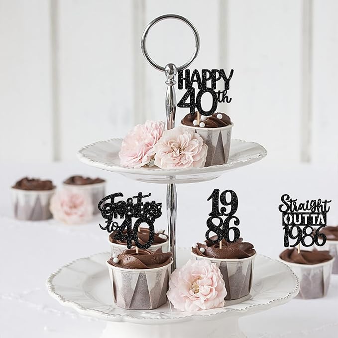 30PCS Black 40th Birthday Cupcake Toppers Glitter Forty Happy 40th Straight Outta 1986 Cupcake Picks for Cheers to 40 Years 40th Birthday Wedding Anniversary Party Decorations Supplies