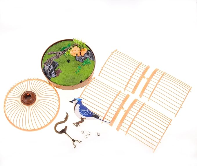 PowerTRC Singing & Chirping Bird in Cage, Realistic Sounds & Movements, Sound Activated, Battery Operated, Great Desk and Room Accessory, Pet Caged Bird Toy (10” x 7”)