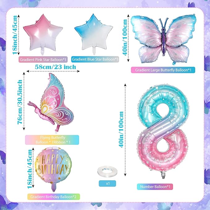 Butterfly Balloons - 8th Birthday Decorations for Girls, Gradient Pink Colorful Foil Balloons, Giant Number 8 Foil Mylar Balloon, Butterfly Theme Party Supplies