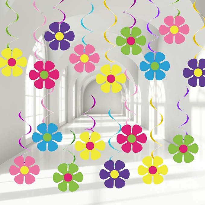 60s Hippie Party Foil Swirl Decorations Retro Flower Ceiling Hanging Swirls Banners Decor 60s Hippie Flower Cutouts Party Supplies for Groovy Retro Theme Birthday Baby Shower Parties Favor