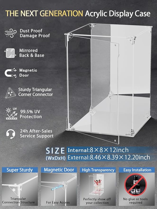 Clear Acrylic Display Case with Mirrored Back and Base, UV Protected Acrylic Box with Magnetic Door, Dustproof Display Box Showcase for Collectibles, Figures, Models, Toys (8x8x12inch)