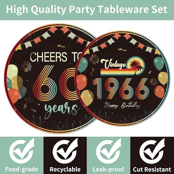 96Pcs Vintage 60th Birthday Decorations Tableware Set Back in 1966 Paper Plates Napkins Forks Cheers to 60 Years Disposable Tableware Decor for Women Men 60th Birthday Party Favor Serve 24 Guests