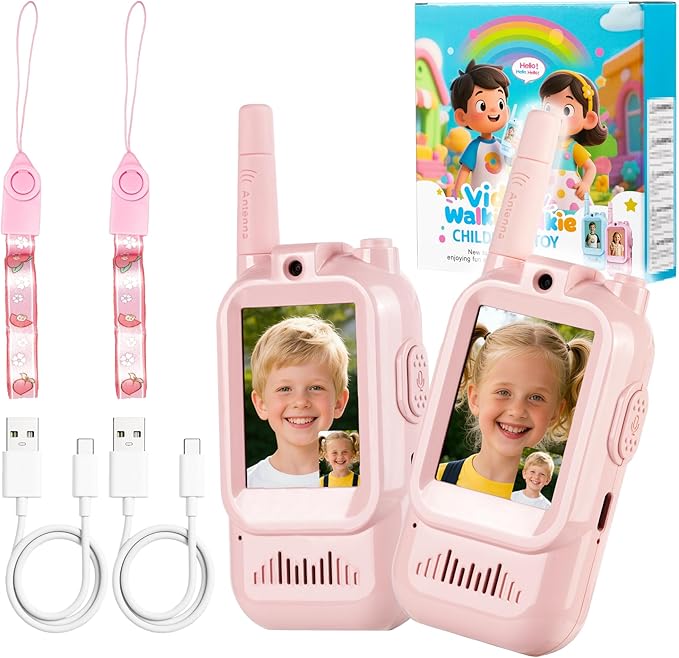 Video Walkie Talkies for Kids 2 PACK, Rechargeable Long Range Kids Walkie Talkie with HD Camera & Voice Changer Indoor Outdoor Camping & Christmas Birthday Gifts Toys for Boy Girl (Pink+Pink)
