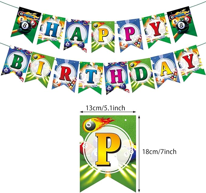 Zwiebeco Multicolored Billiards Happy Birthday Banner Bunting Hanging Paper Swirls Garland Party Decorations for Boys Girls Womens Mens Adults Billiards Sports Themed Bday Decor Accessories Supplies