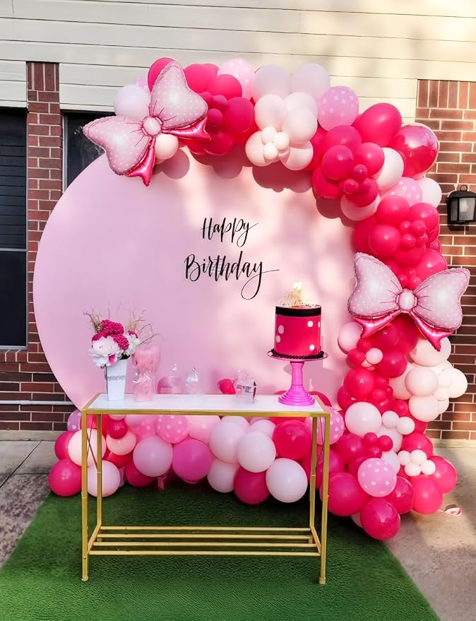 Pink Mouse Balloon Garland Arch Kit – 124 Pcs Hot Pink, Pastel and Polka Dot Balloons with Bow, Mouse Themed Girl Birthday Baby Shower Party Decor