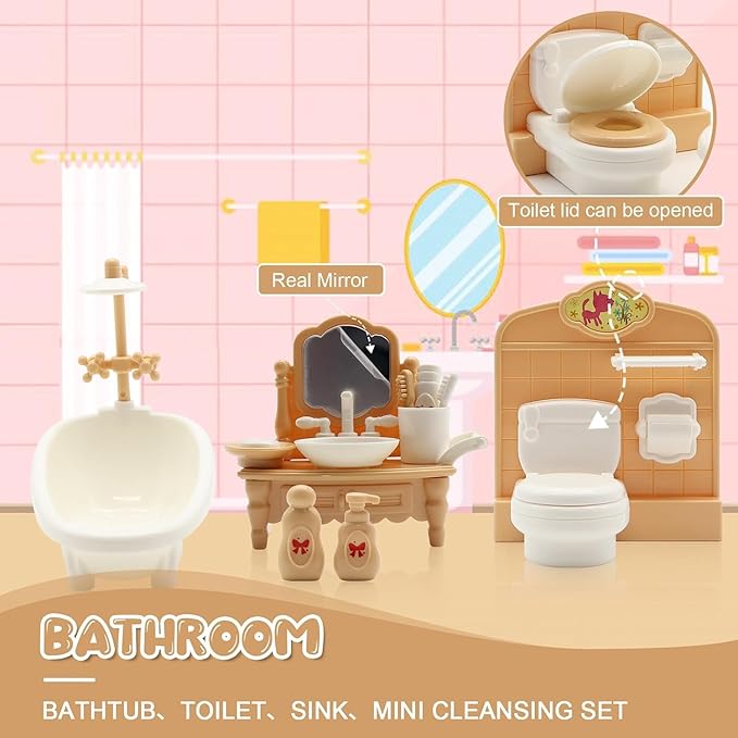 36Pcs Dollhouse Furniture Set,Miniature 1:12 Scale Dolls House Accessories with Cat,Dog,Kitchen, Dining Room, Living Room,Bedroom for Playhouse Toy(Beige)