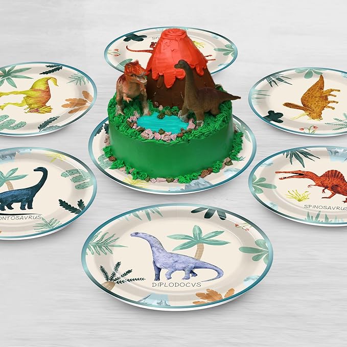 60 PCS Dinosaur Theme Birthday Party Paper Plates Dinosaur Birthday Decorations 7 Inch Dino Design Paper Dessert Plates Colorful Watercolor Dino Plate for Kids Summer Party Baby Shower Supplies